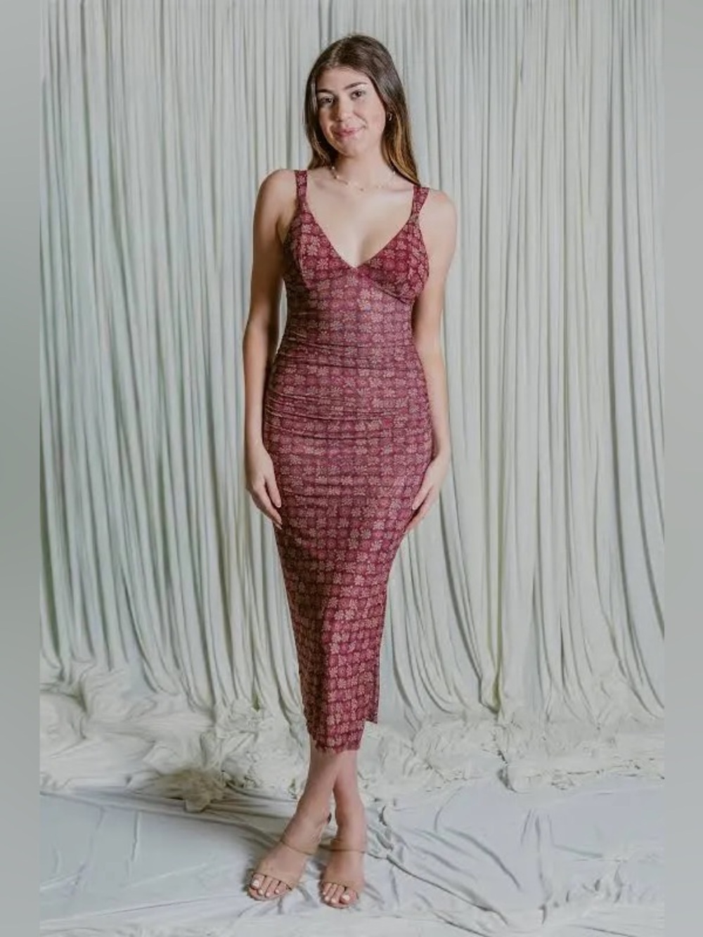 NWT Free People Long Live Printed Mesh Slip Dress Brown Combo Size Small